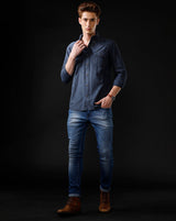 Men's Slim Fit Solid Denim Casual Shirt (MADON)