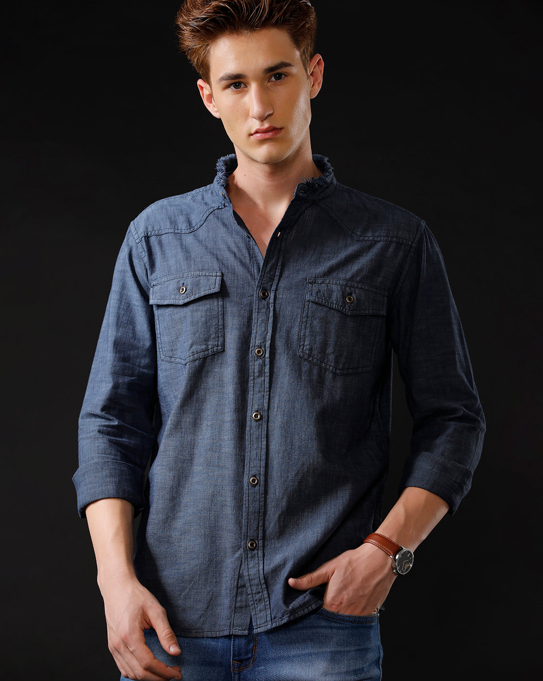 Men's Slim Fit Solid Denim Casual Shirt (MADON)