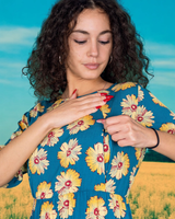 The Midi Breastfeeding Dress - Blue Sunflower Cotton