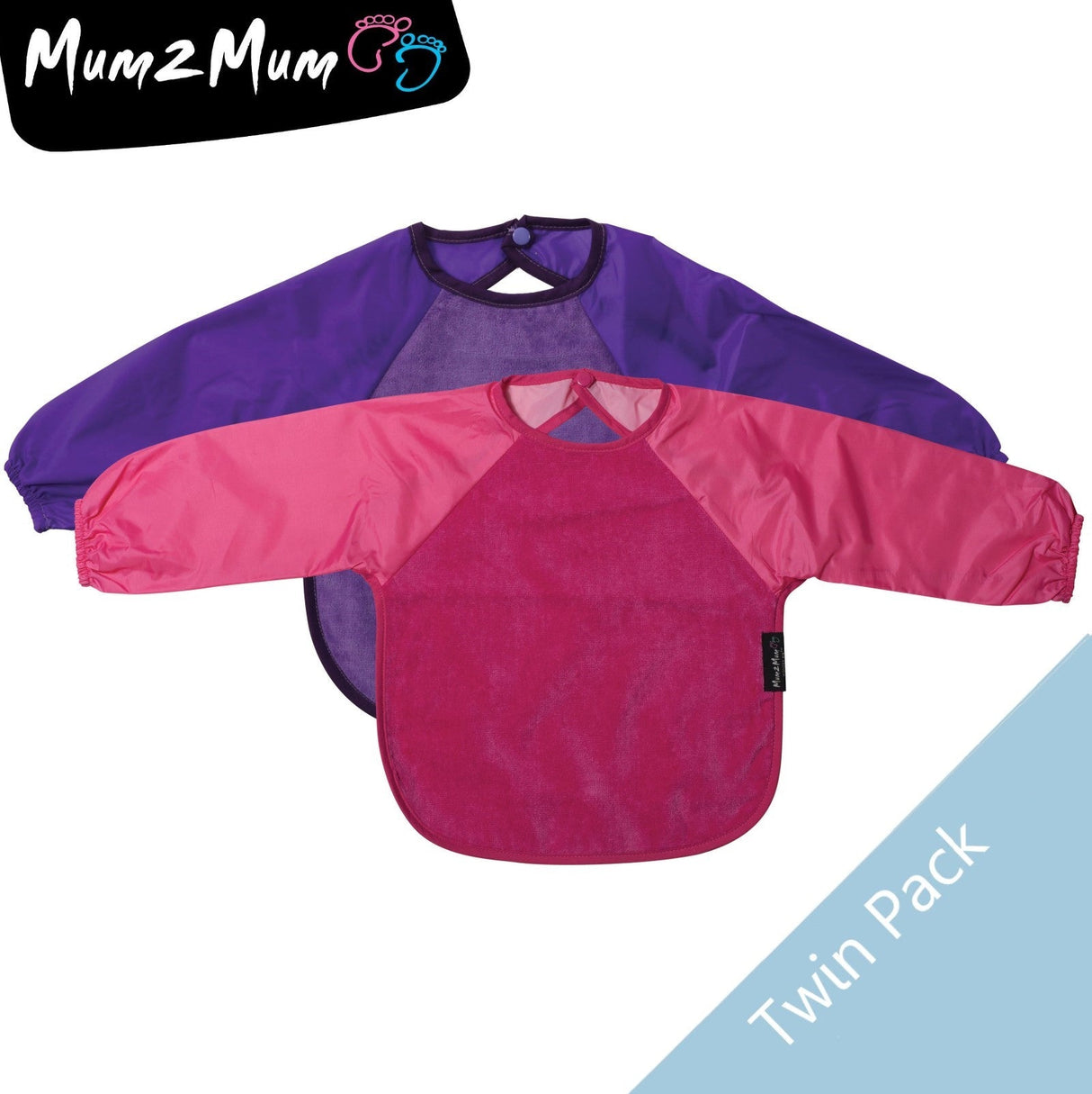 2 PACK - Mum 2 Mum Long Sleeved Wonder Bibs LARGE 18m - 3 years - Purple & Cerise