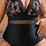 Black Lace Pattern One Piece Swimsuit