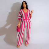 Women's Sexy V-neck Hollow Striped Lapel Knitted Width Blouse And Pants