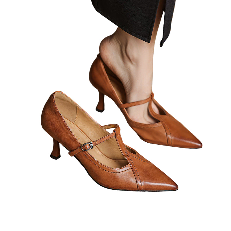 Korean Style T-buckle Strap Stiletto Heel Shoes For Four Seasons