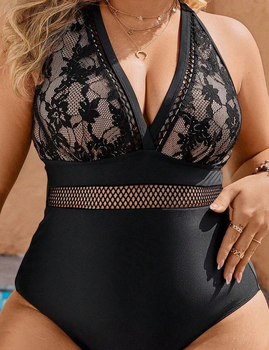 Black Lace Pattern One Piece Swimsuit