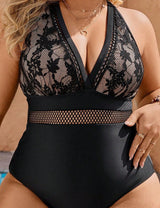 Black Lace Pattern One Piece Swimsuit