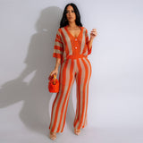 Women's Sexy V-neck Hollow Striped Lapel Knitted Width Blouse And Pants