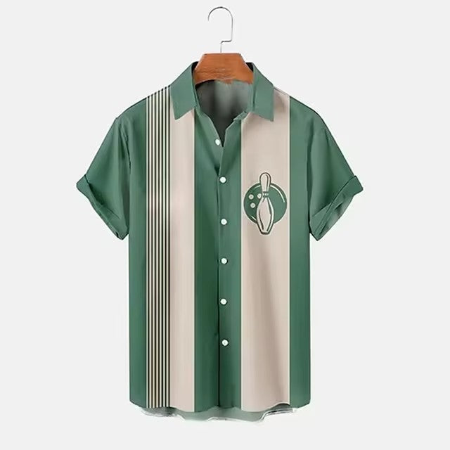 Men’s 3D Bowling Shirt – Digital Print, Casual Short Sleeve Top