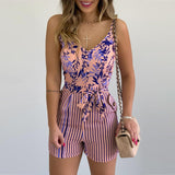 V-neck Sling Fashion Leaf Print Tie Jumpsuit