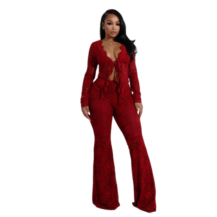 A two-piece set of women's sexy lace-up, hollowed-out cardigan, long-sleeved lace blouse and lace pants