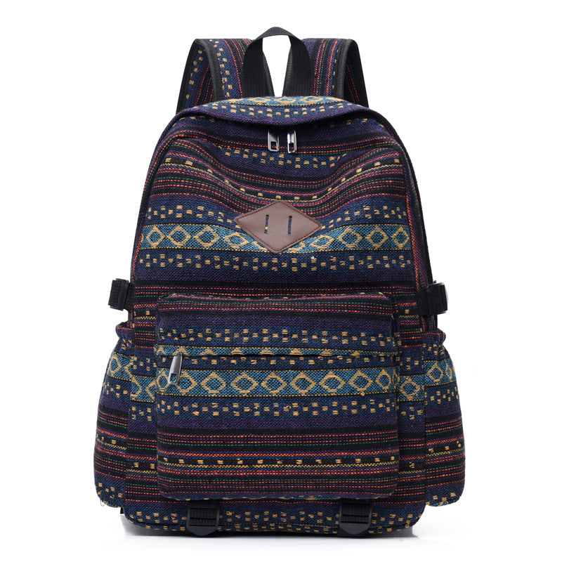 Ethnic style backpack leisure plaid canvas bag leisure large capacity student women backpack leisure travel trendy bag