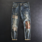 Men's Contrast Color Patch Hole Slim-fit Pants