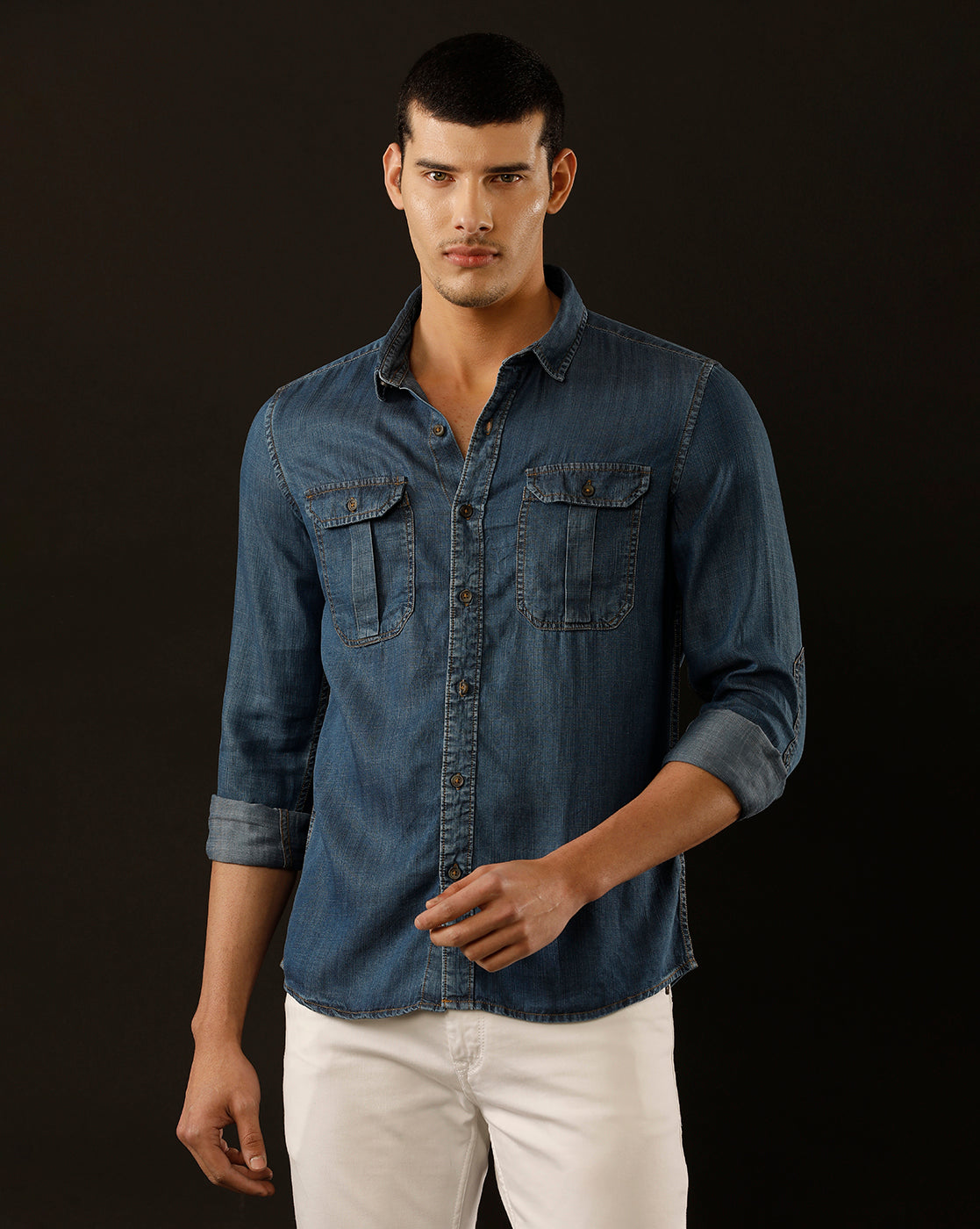 Men's Slim Fit Solid Denim Casual Shirt (POACH)