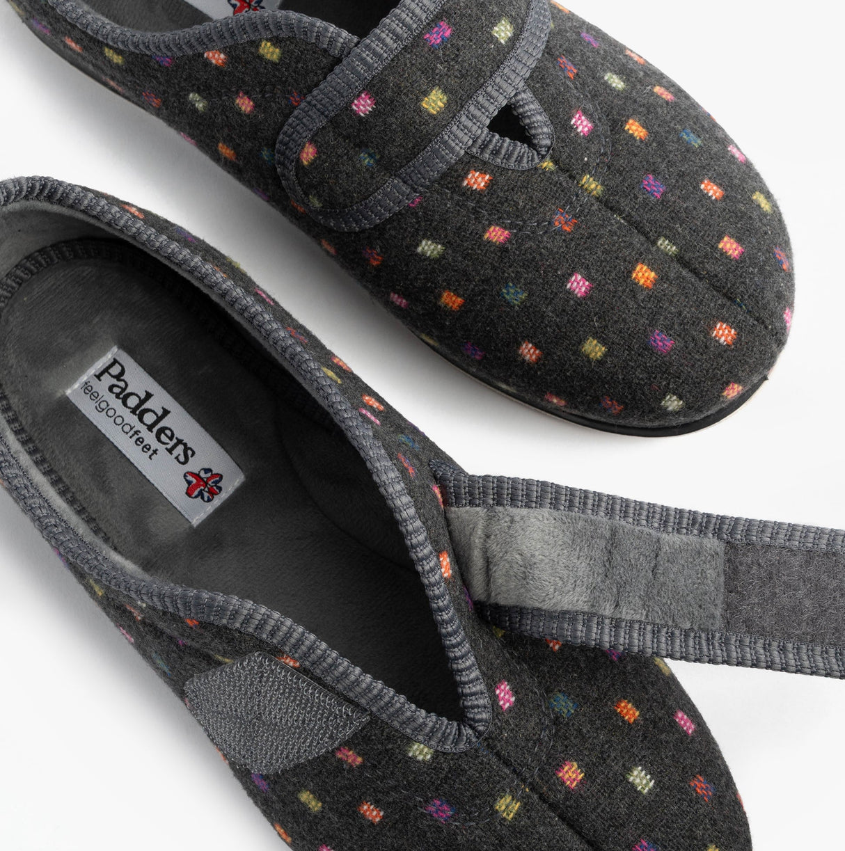 Padders CAMILLA Womens (2E Fit) Touch Fasten Polka Dot Slippers Grey/Multi