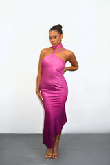 Pink Satin Ombre Asymmetrical Tie Neck Slip Midi Dress