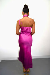 Pink Satin Ombre Asymmetrical Tie Neck Slip Midi Dress
