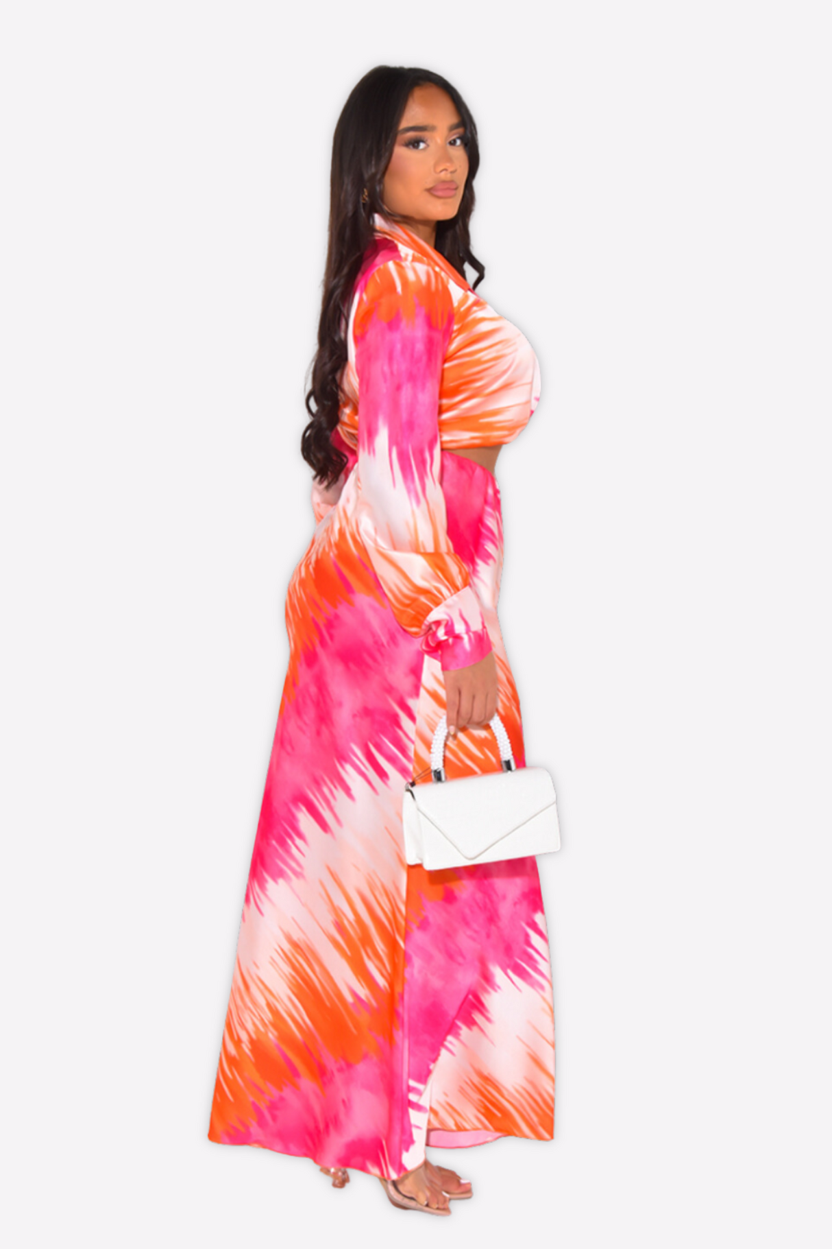 Satin Pink & Orange Printed Maxi Skirt Co-ord Set