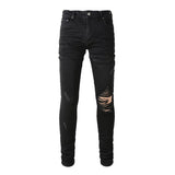 Black Distressed Regular Slim Fit Damaged Holes Super Skinny Stretch Ripped Jeans