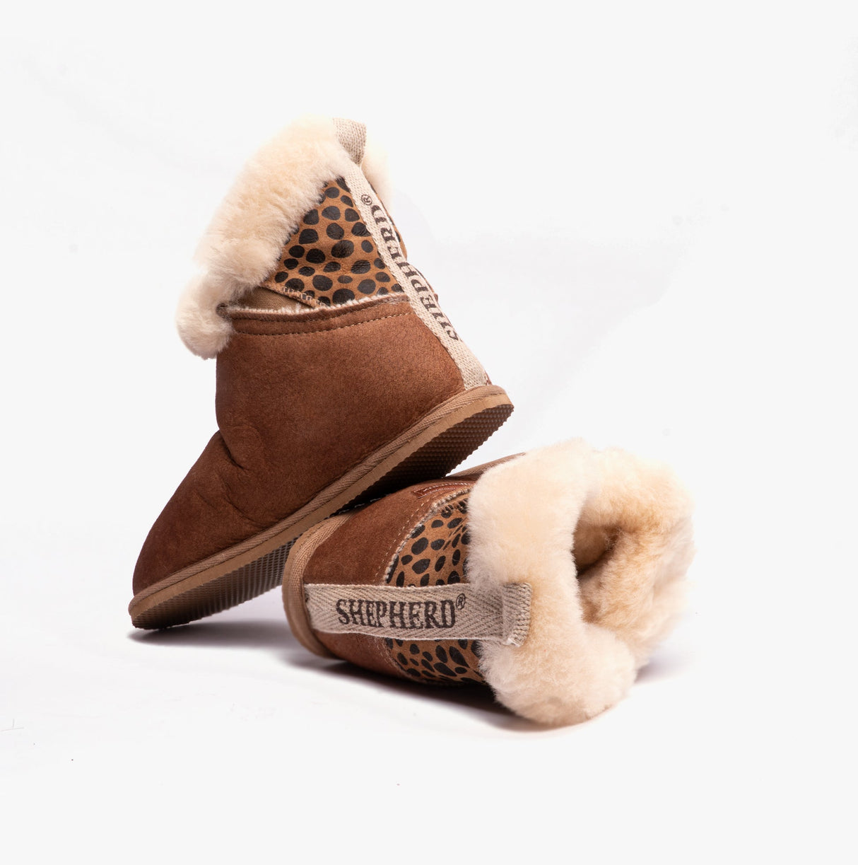 Shepherd BELLA Womens Sheepskin Slipper Boots Antique/Cognac/Leopard