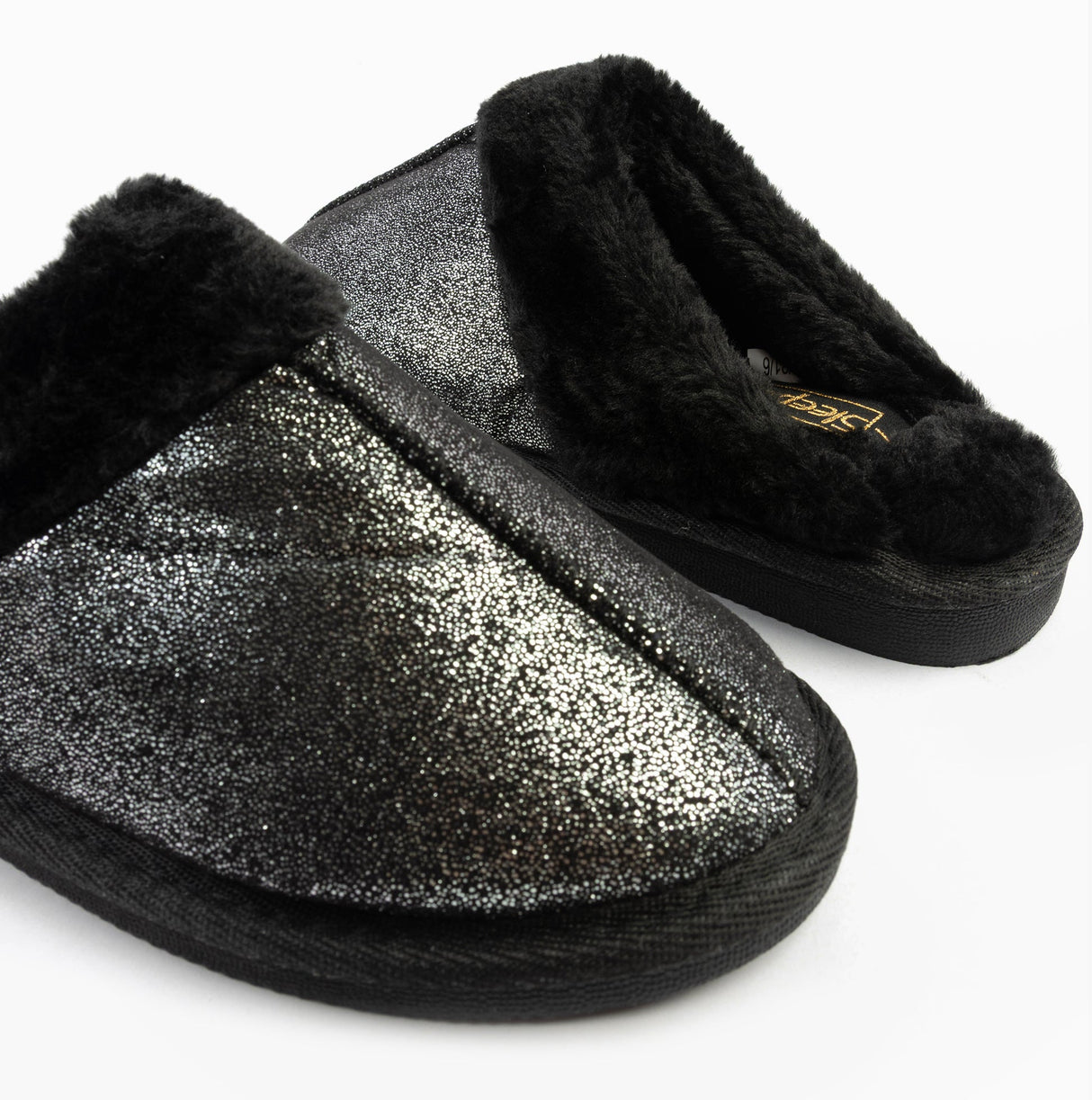 Sleepers JULIET Womens Fur Cuff Sparkle Mules Black