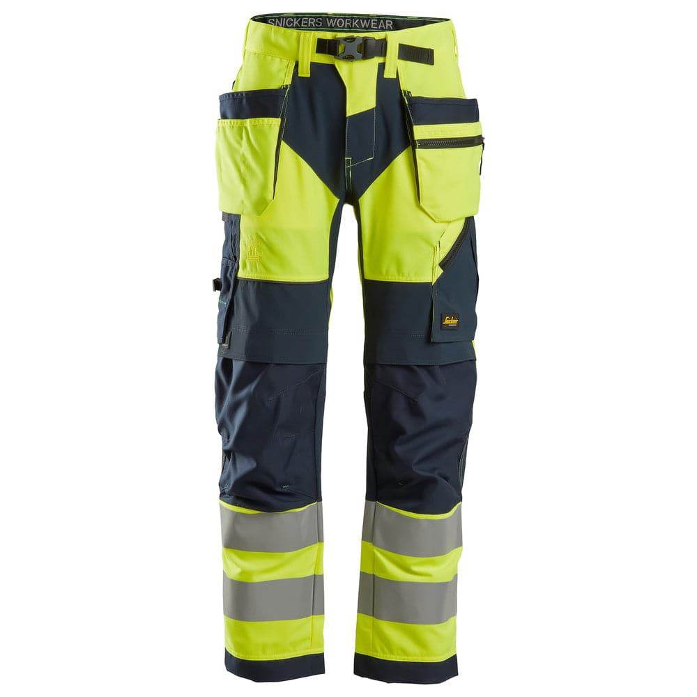 Snickers 6932 FlexiWork Hi-Vis Work Trousers Holster Pockets CL2 Yellow 36" Waist - 37" Leg - Snickers Size 252