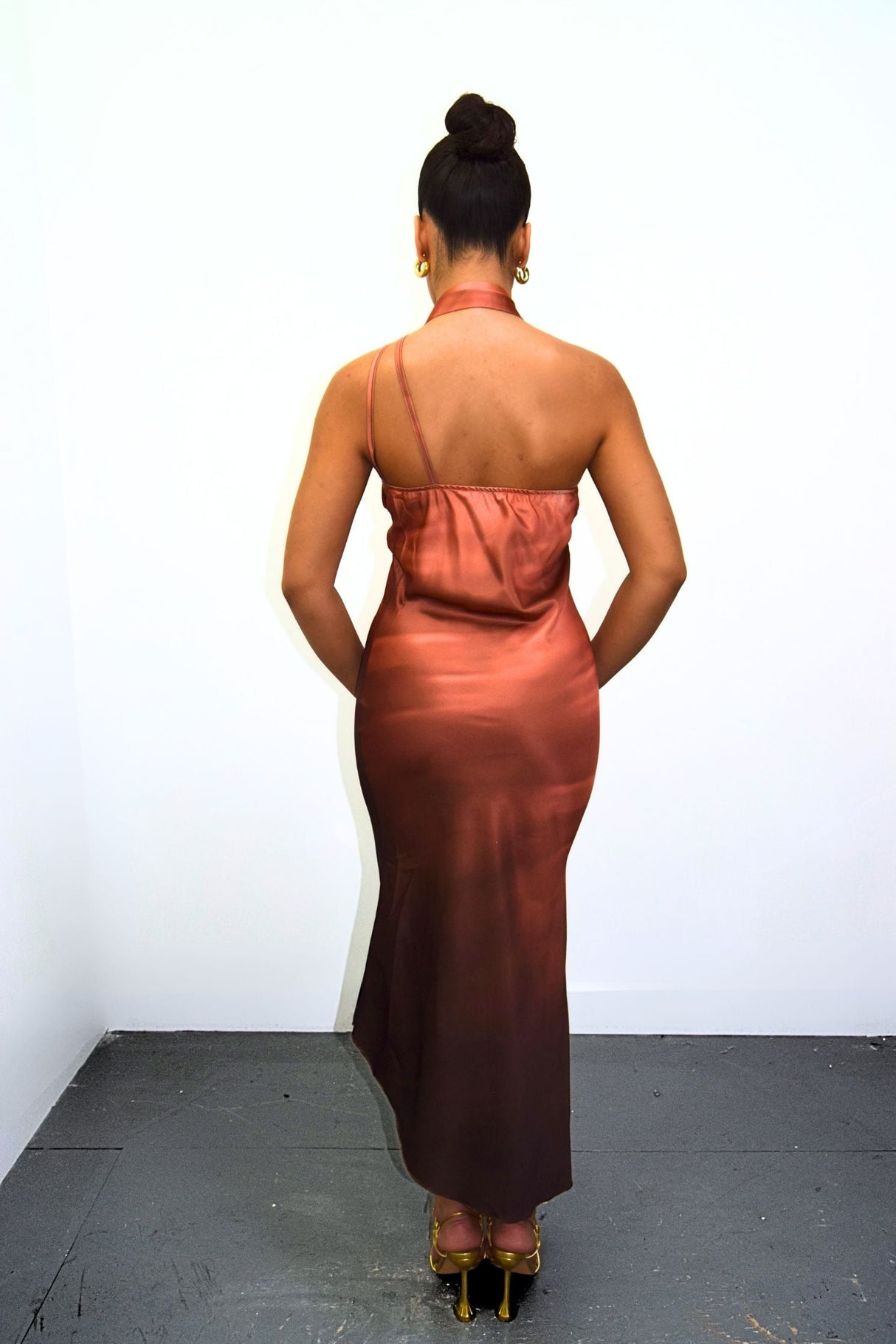 Pink Satin Ombre Asymmetrical Tie Neck Slip Midi Dress