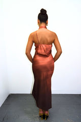 Pink Satin Ombre Asymmetrical Tie Neck Slip Midi Dress