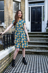 The Knee Length Breastfeeding Dress - Blue Sunflower Cotton