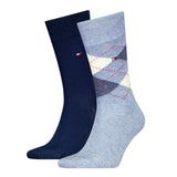 Tommy Hilfiger 2 Pack Mens Crew Checked Socks Blue Combo