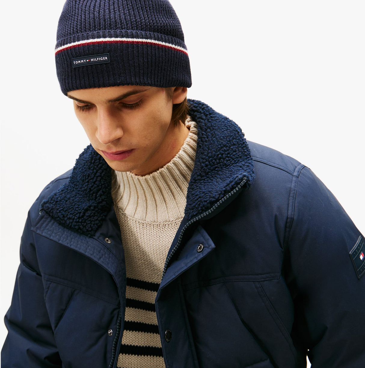 Tommy Hilfiger Signature Tape Mens Wool Beanie Blue