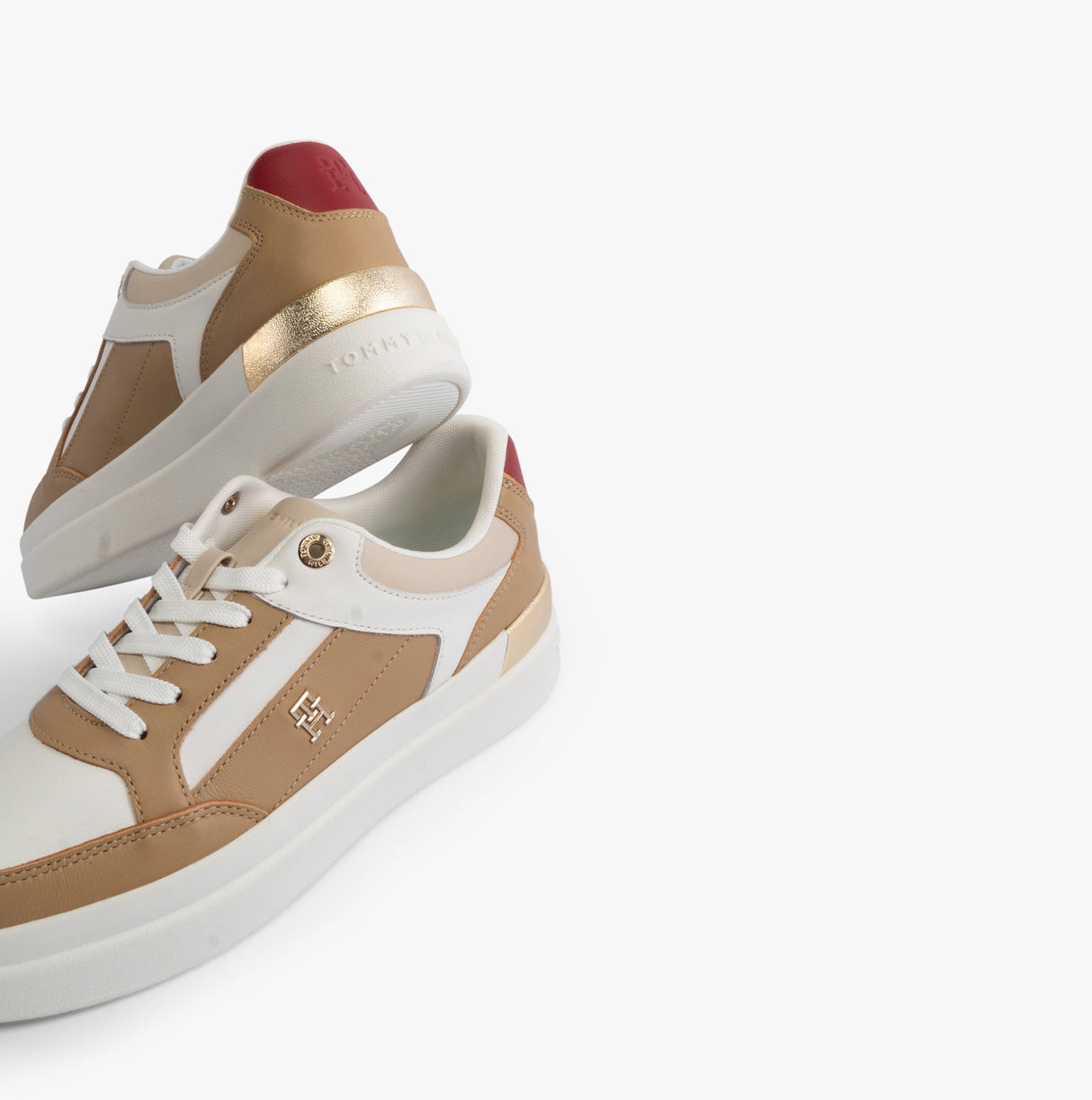 Tommy Hilfiger MONOGRAM METALLIC LEATHER  Womens Court Trainers Classic Khaki