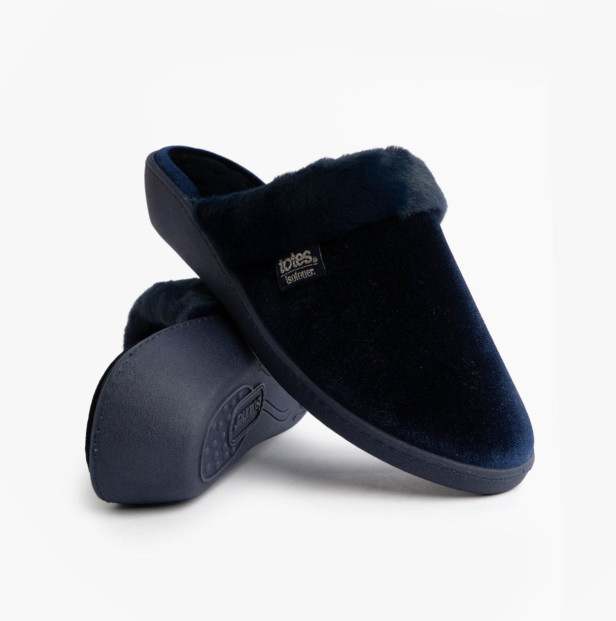 Totes Isotoner SPARKLE VELOUR HEELED MULE Womens Mule Slippers Navy