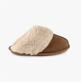 Totes Isotoner REAL SUEDE WITH FUR CUFF Womens Mule Slippers Tan