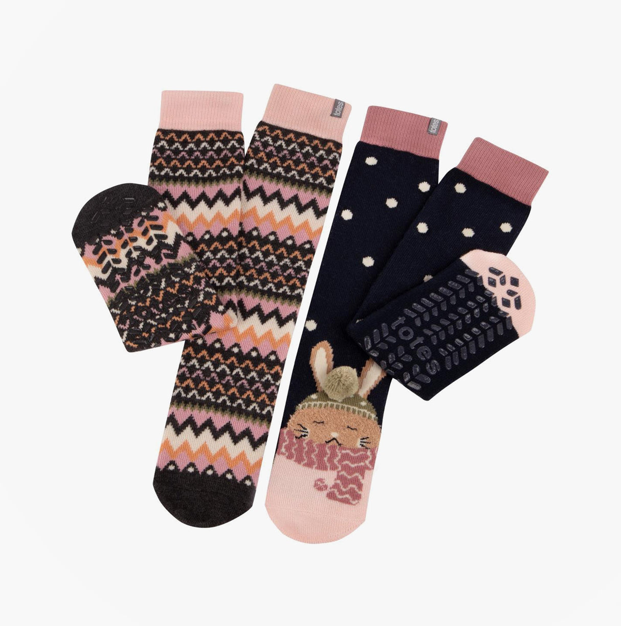Totes Toasties ORIGINAL SLIPPER SOCKS (TWIN PACK) Womens Rabbit / Fairisle