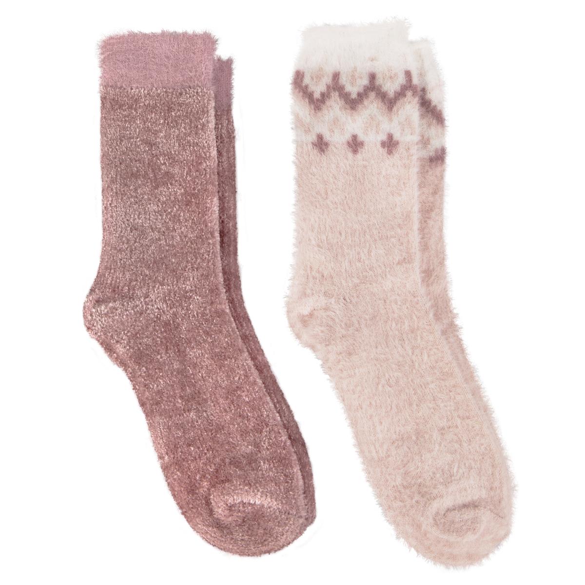 Totes Toasties FAIR ISLE & CHENILLE SUPERSOFT BED SOCKS (TWIN PACK) Womens Fairisle / Dusky Pink