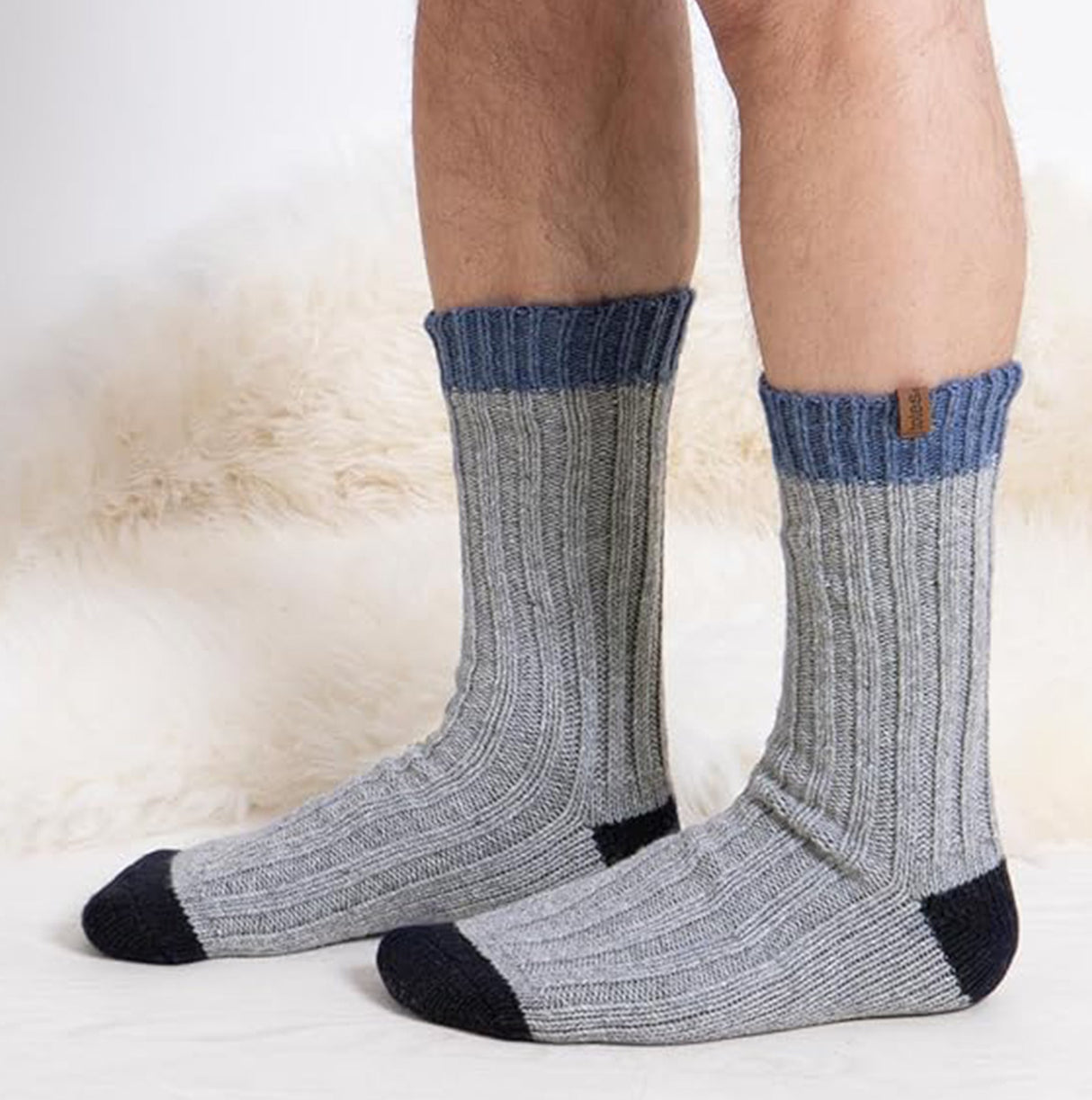 Totes Toasties CHUNKY TWIST WOOL BLEND BOOT SOCKS (TWIN PACK) Mens Navy / Grey