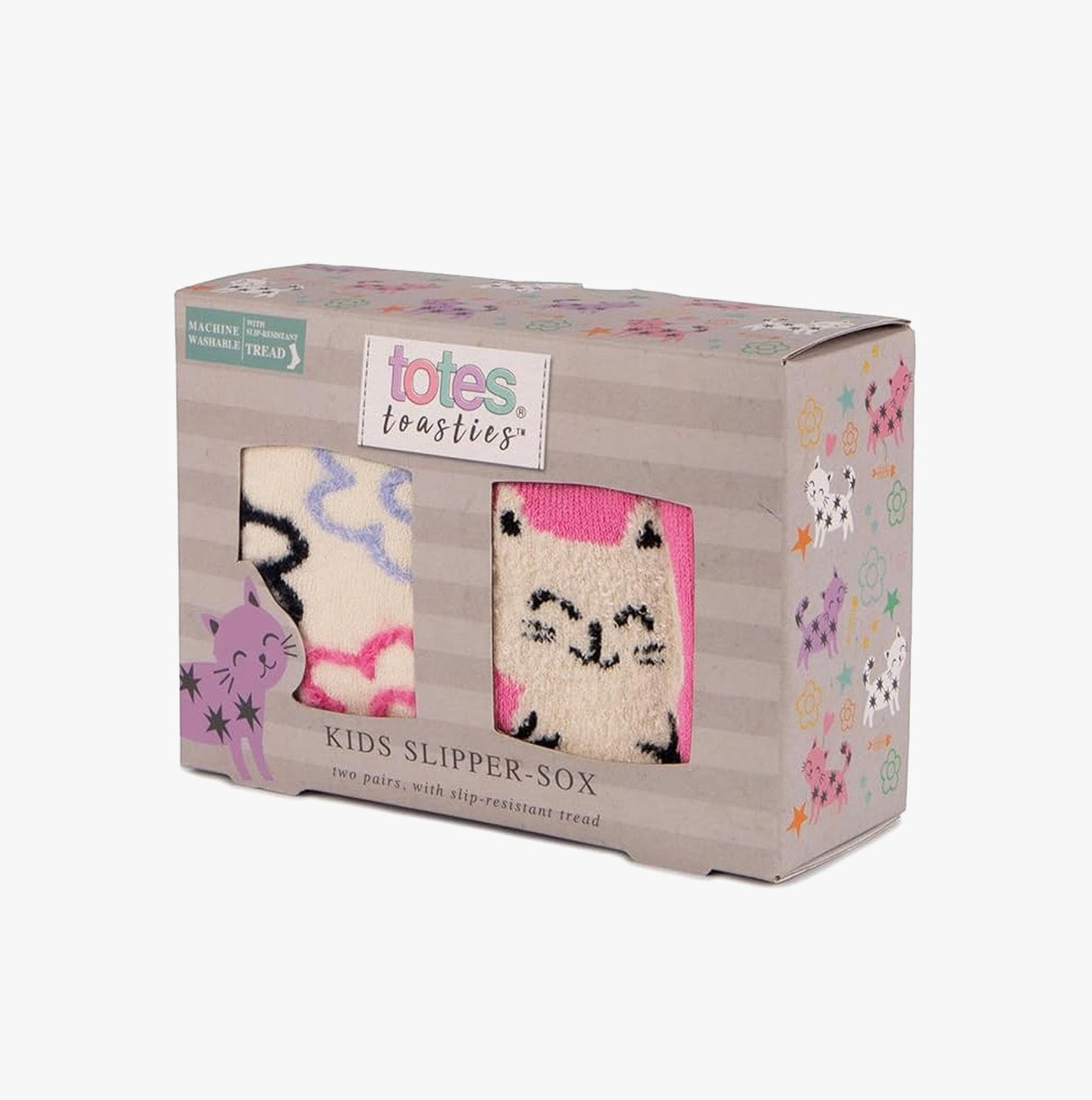 Totes Toasties ORIGINAL SLIPPER-SOX (TWIN PACK) Kids Cat With Flower