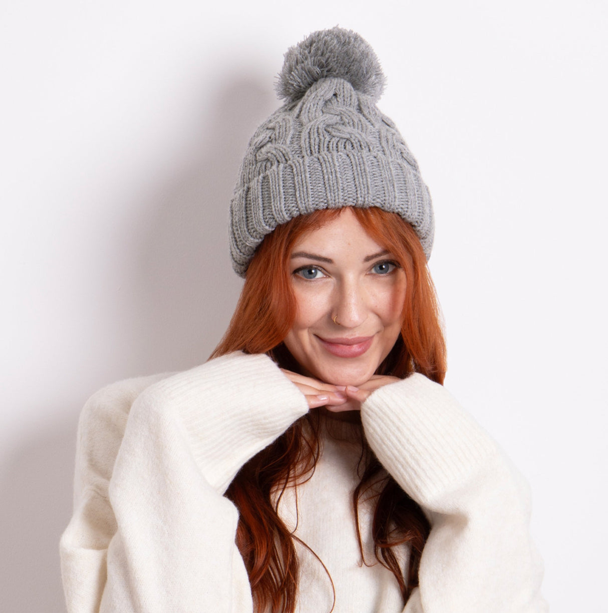 Totes Toasties CABLE KNIT Hat with Pom Pom Womens Bobble Grey