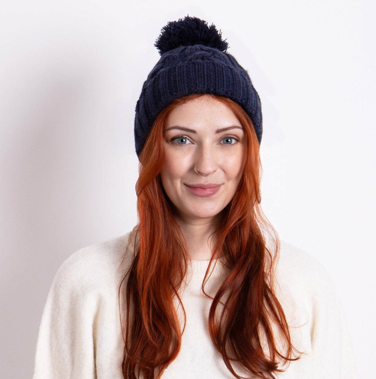 Totes Toasties CABLE KNIT Hat with Pom Pom Womens Bobble Navy