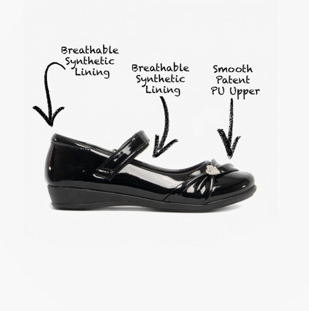 US Brass PAIGE II Girls Touch Fastened Diamante Bar Shoes Patent Black