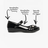 US Brass PAIGE II Girls Touch Fastened Diamante Bar Shoes Patent Black