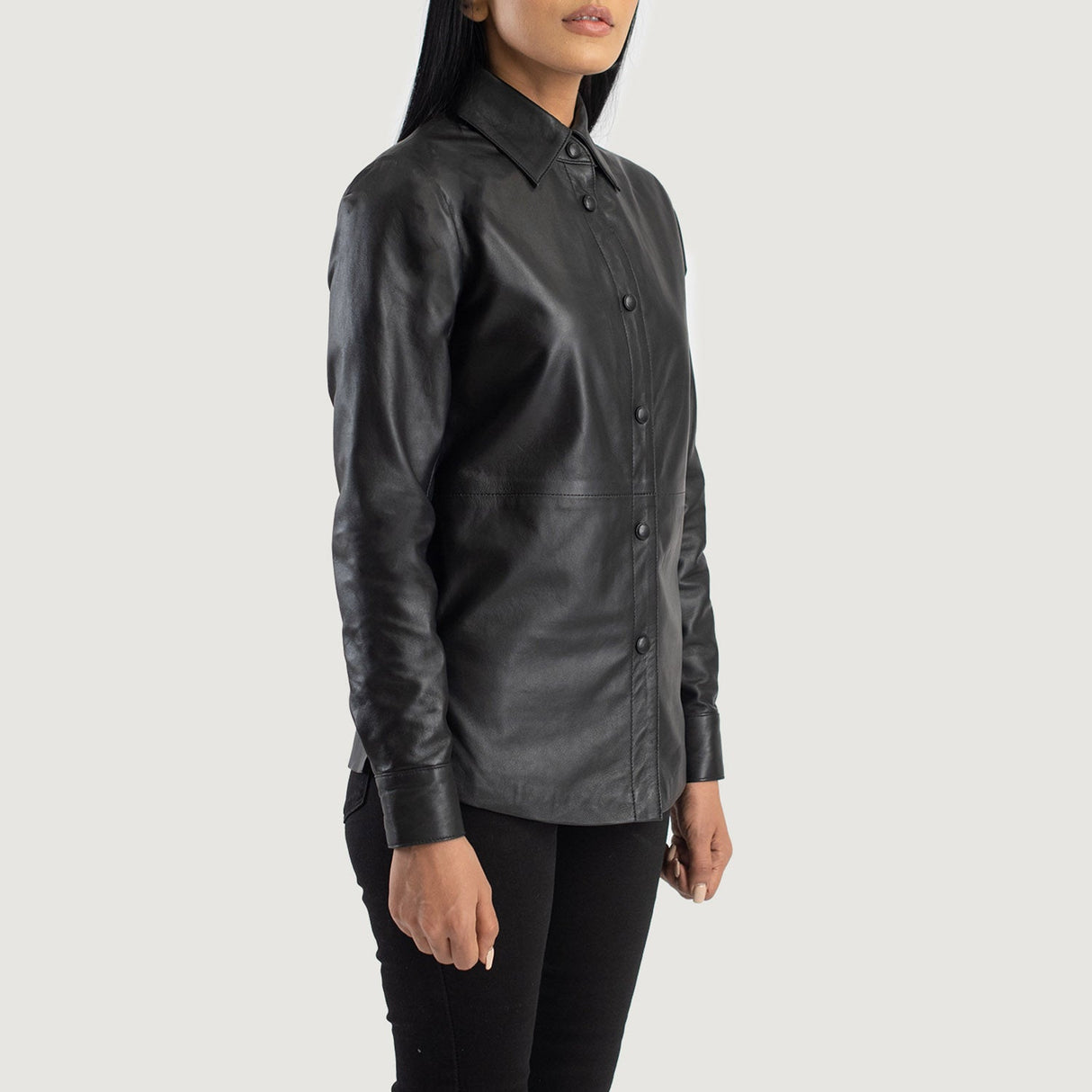 Women's Leather Shirt Collar Leather Jacket | Black