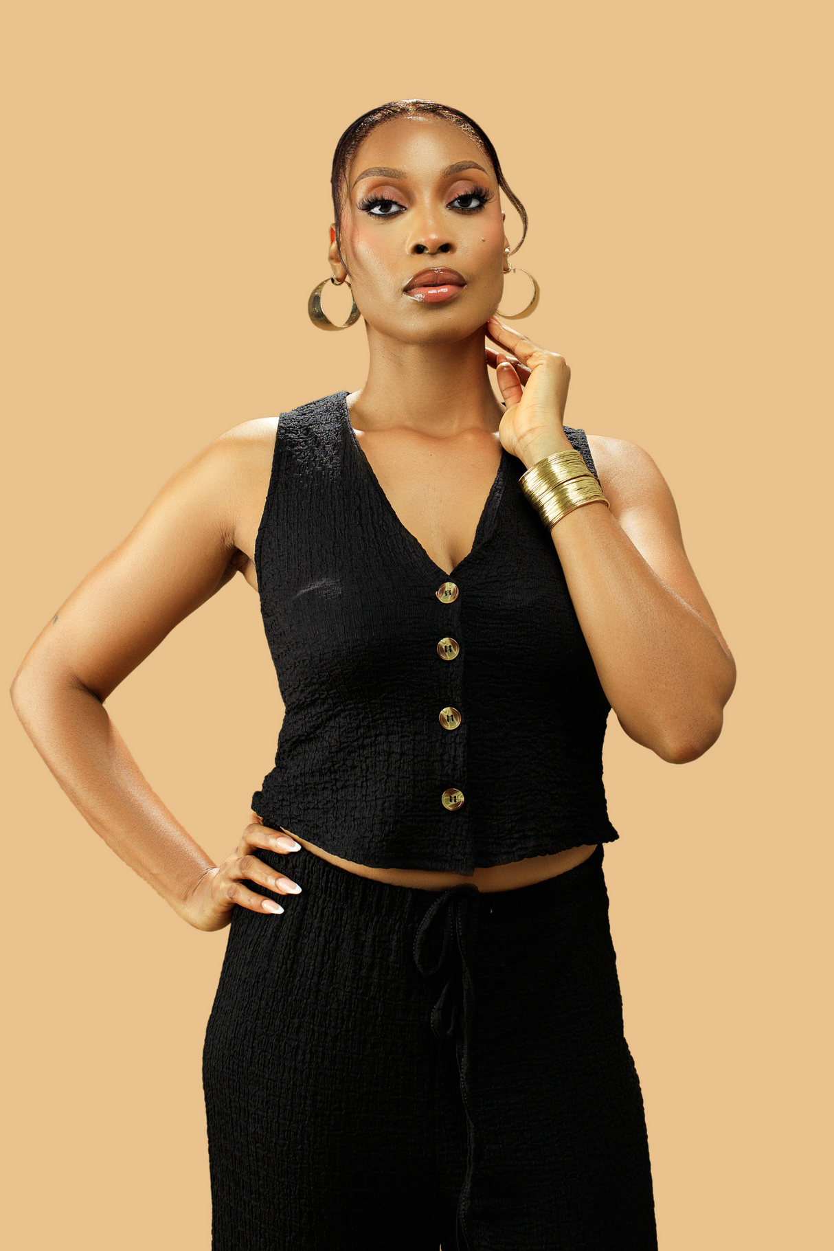 Women's Textured V-Neck Button-Up Waistcoat Co-ord Set