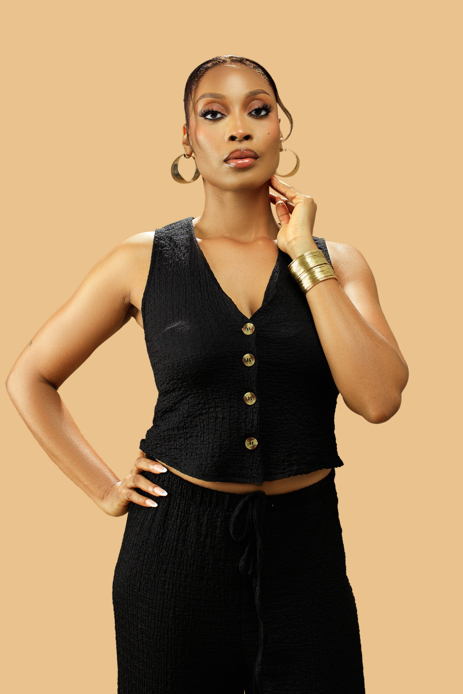 Women's Textured V-Neck Button-Up Waistcoat Co-ord Set