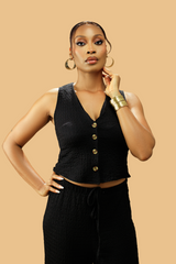 Women's Textured V-Neck Button-Up Waistcoat Co-ord Set