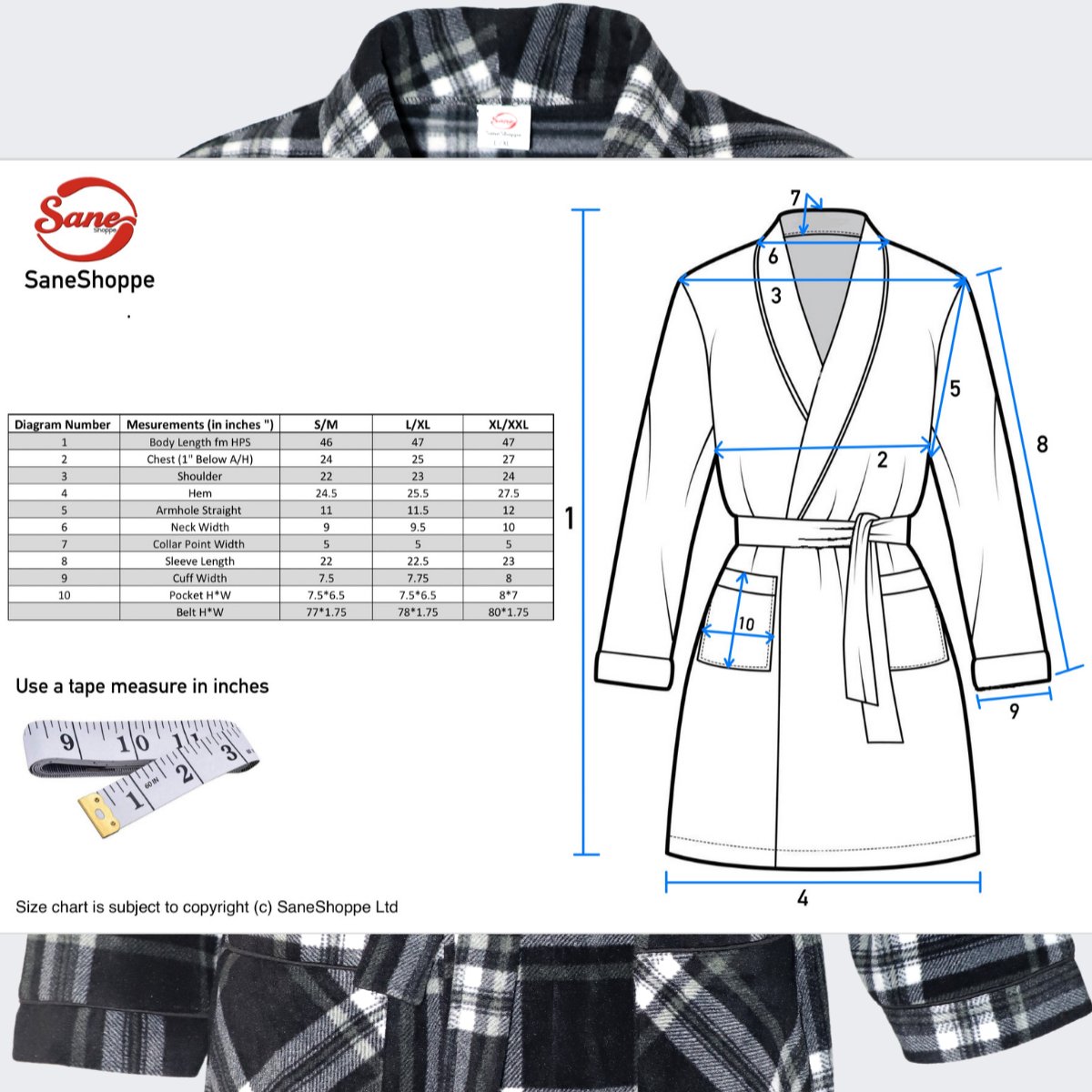 Men's Soft Warm Fleece Dressing Gown with Checkered Pattern