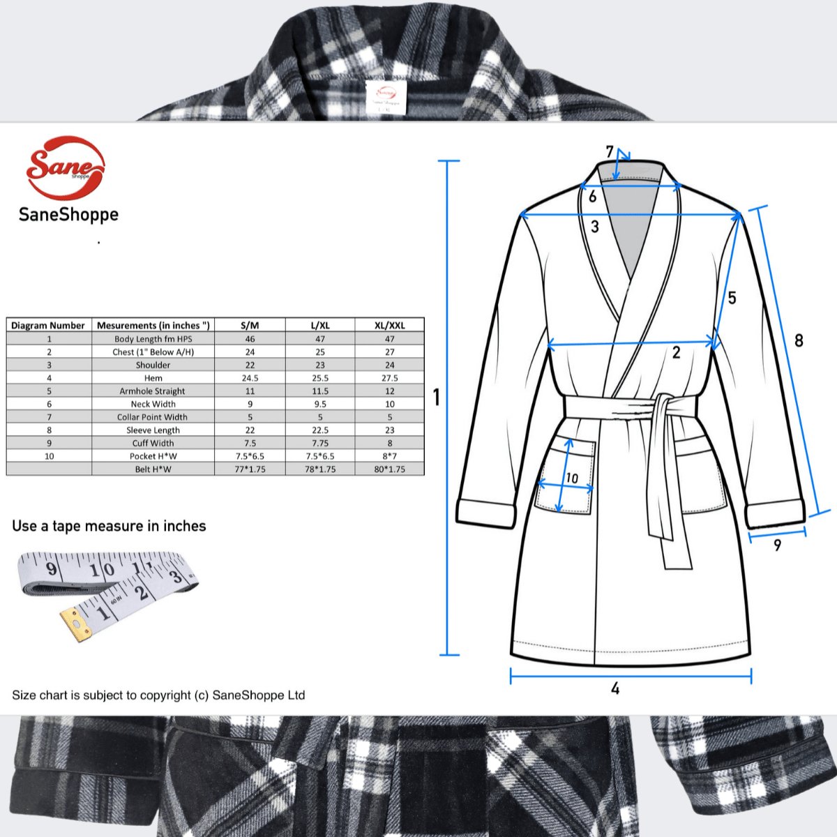 Men's Soft Warm Fleece Dressing Gown with Checkered Pattern