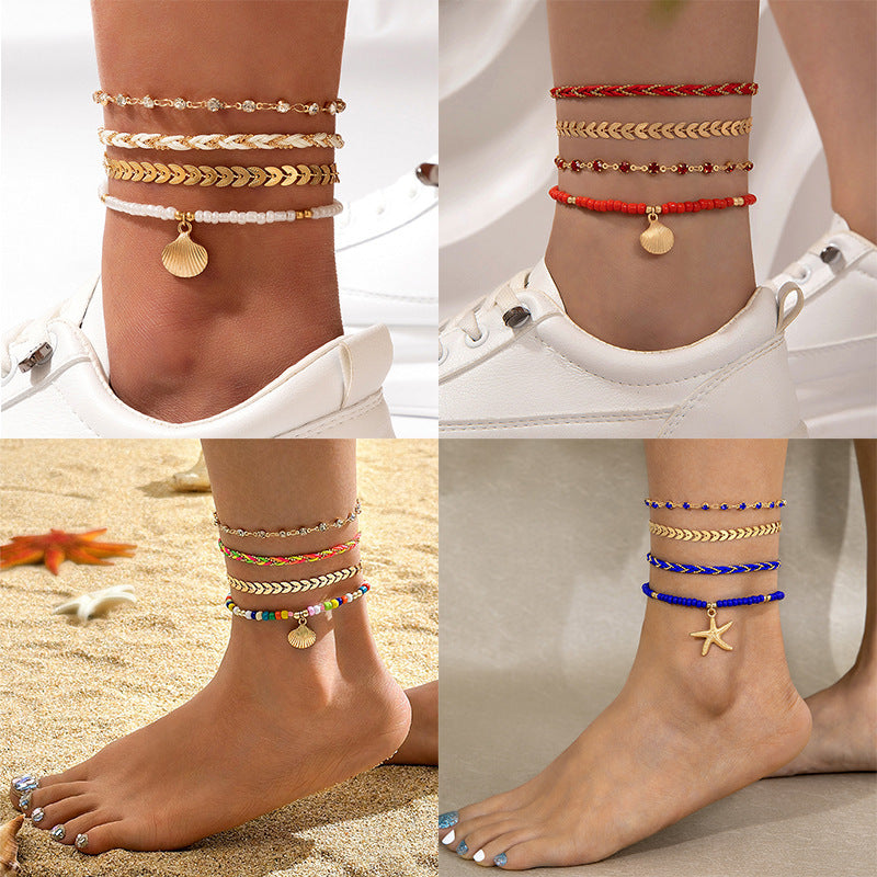 4pcs Set Bohemian Woven Rope Foot Chain For Men And Women Geometric Alloy Black Beads Dropping Oil Anklet Set Summer Fashion Jewellery