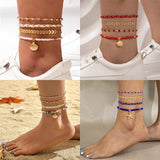 4pcs Set Bohemian Woven Rope Foot Chain For Men And Women Geometric Alloy Black Beads Dropping Oil Anklet Set Summer Fashion Jewellery