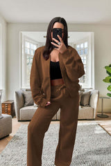 Women's Oversized Fleece Bomber Tracksuit  Zipper Jacket & Wide-Leg Pants Set