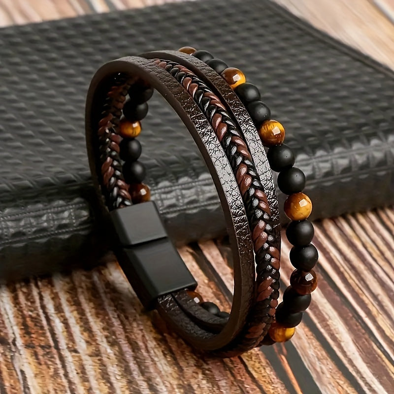 1pc Unique Tiger Eye Stone Beaded Fashion Layered Woven Faux Leather Men's Daily Wear Statement Bracelet